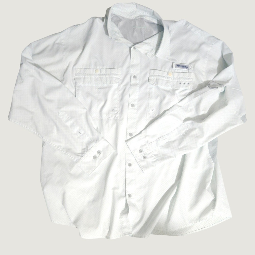 Columbia PFG Mens Large White Blue Micro Dot Shirt Long Sleeve Omni-Freeze